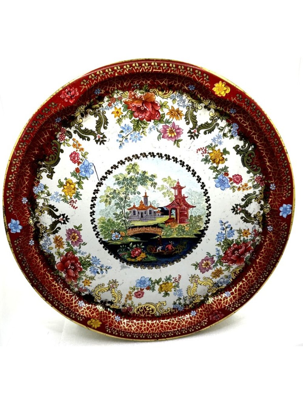 Vintage Chinoiserie Tole Metal Tray Asian Scene - Picture 9 of 10
